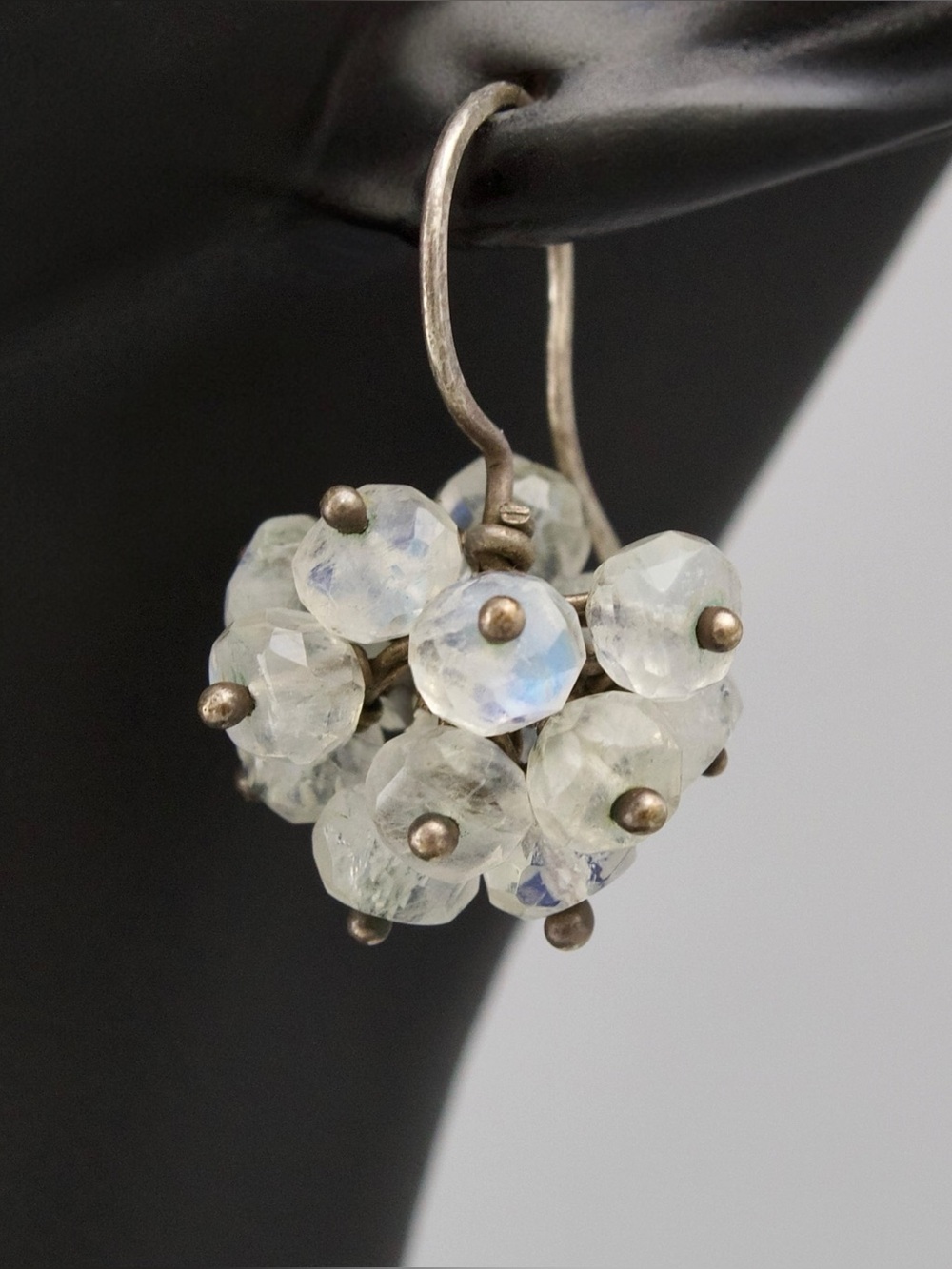 Vintage Moonstone Bead Cluster Sterling Silver Earrings